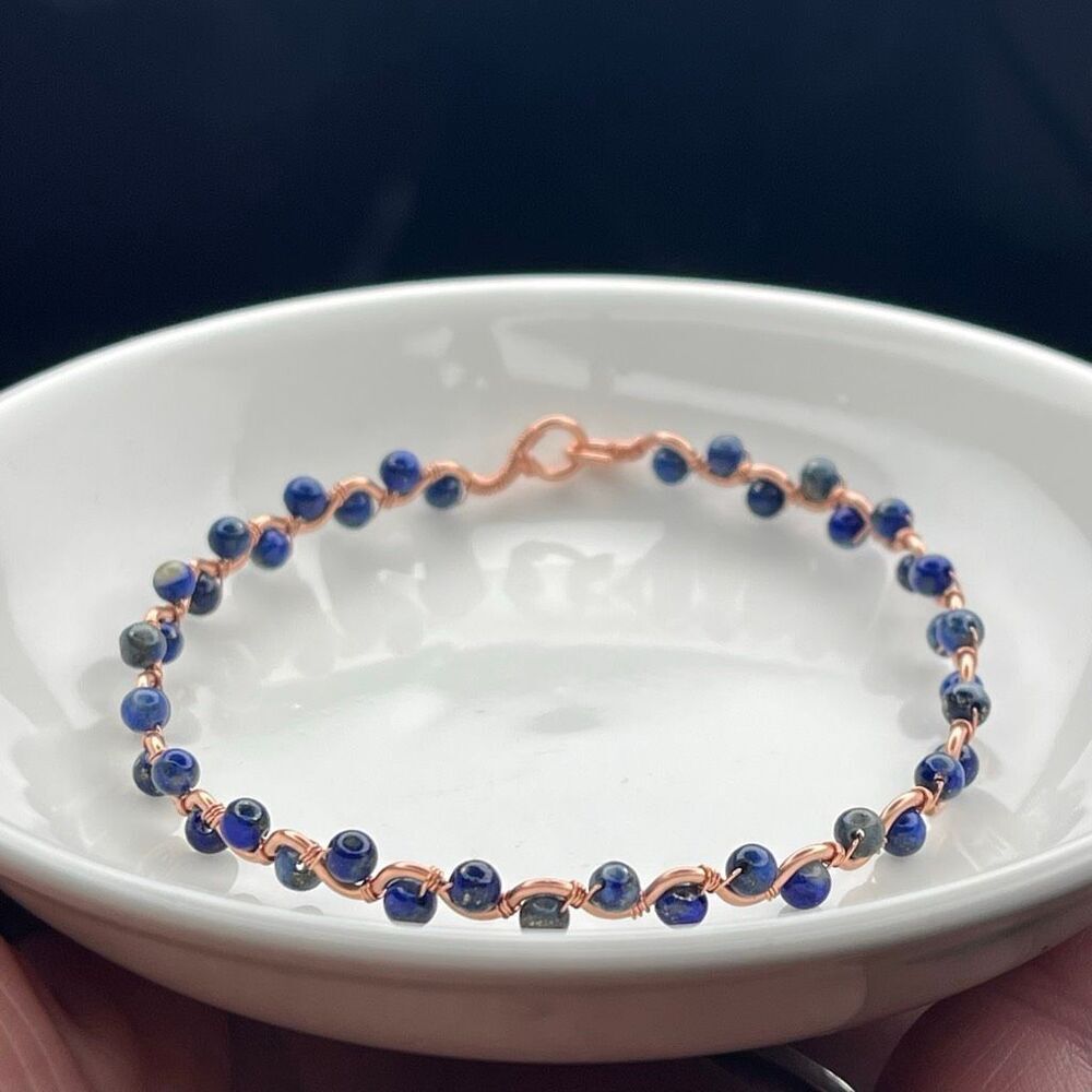 Lapis lazuli blue bangle bracelet 7” 99.9% copper wire beaded beads handcrafted